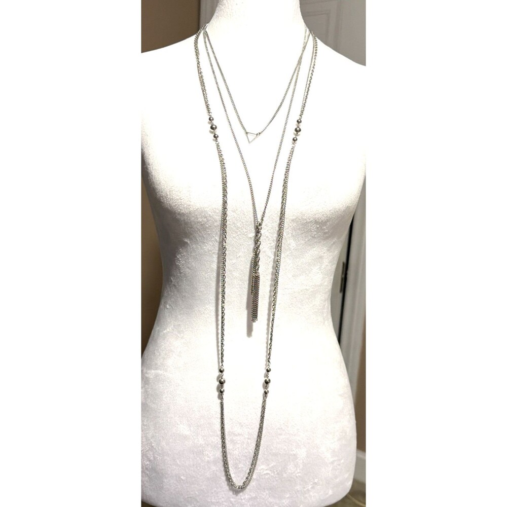 Vintage Boho Silver Tone Layered Duo Necklace OOAK Curated Long Chain Se